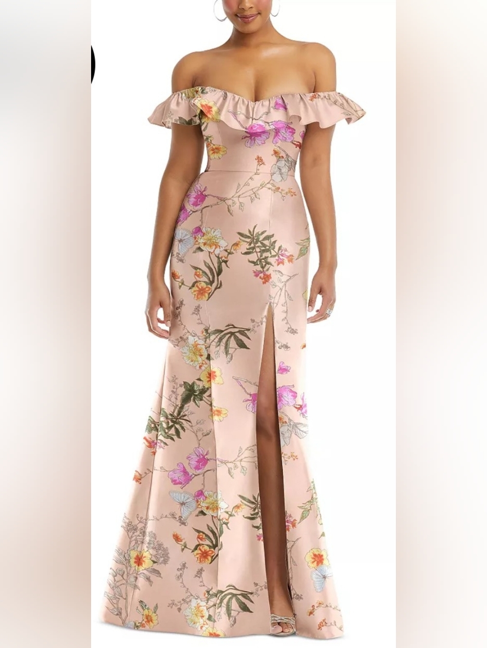 Alfred Sung Off-the-Shoulder Ruffles Neck Floral Front Slit Gown Size 6 NEW